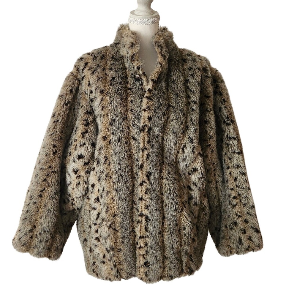 Vintage Reversible Faux Fur Jacket Leopard Print Brown Glam Made in USA Coat